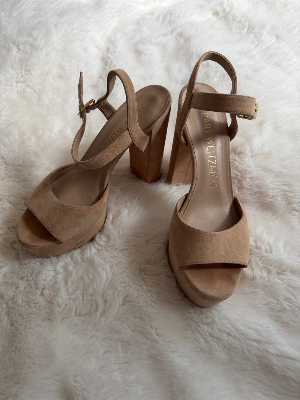 Stuart Weitzman Beige Suede Platform Block Heel Sandals